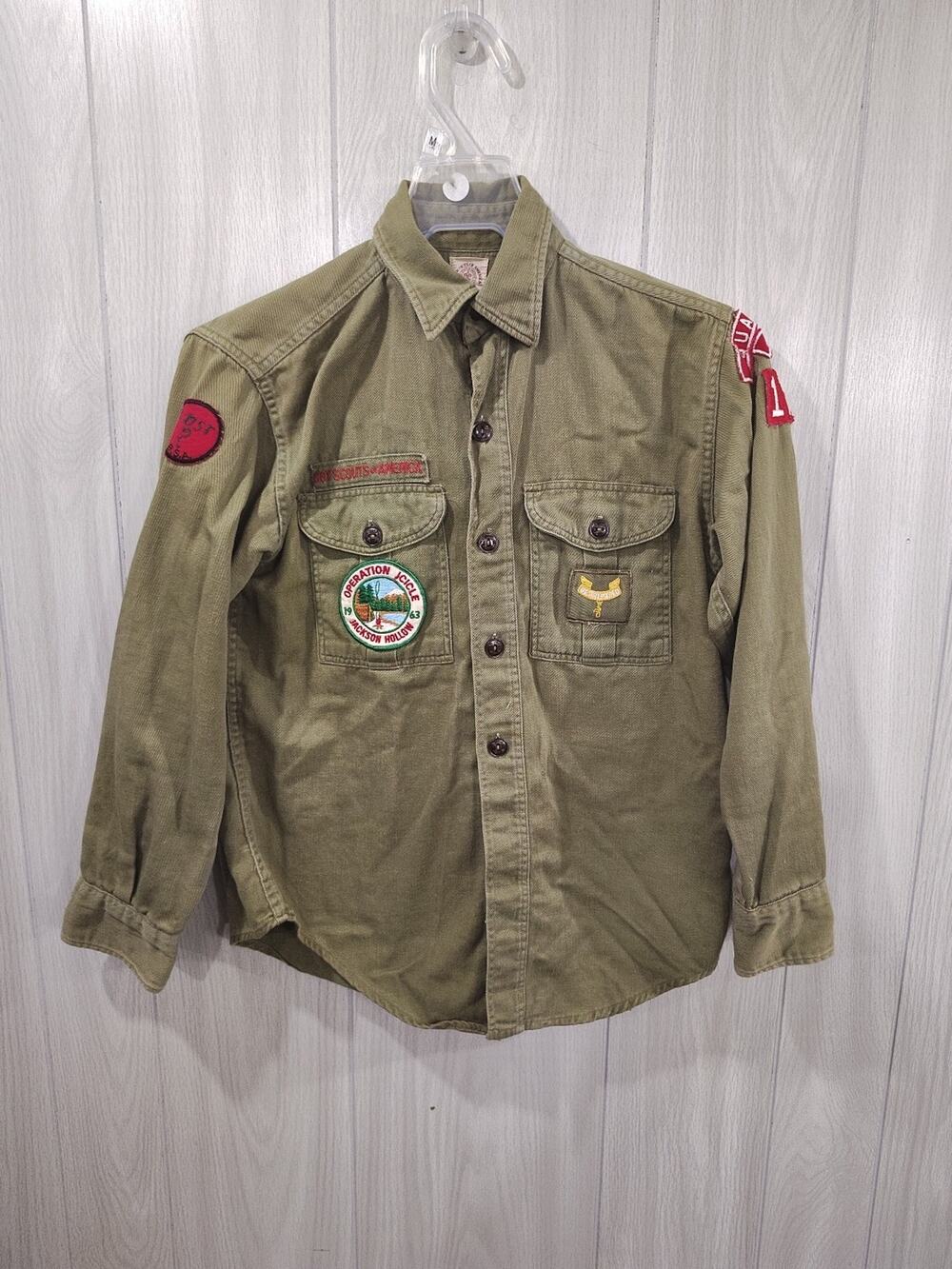 Vintage Boy Scouts Of America Button-up Shirt With Patches Green Quantico VA 176